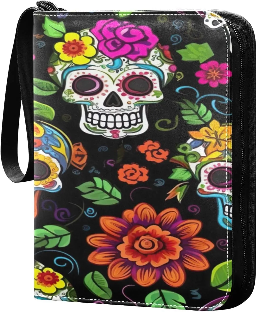 Colorful Dead Skulls Card Binder 4-Pocket, 400 Pockets Trading Cards Holder Games Card Albums Storage Organizer Case for Football, Baseball Cards