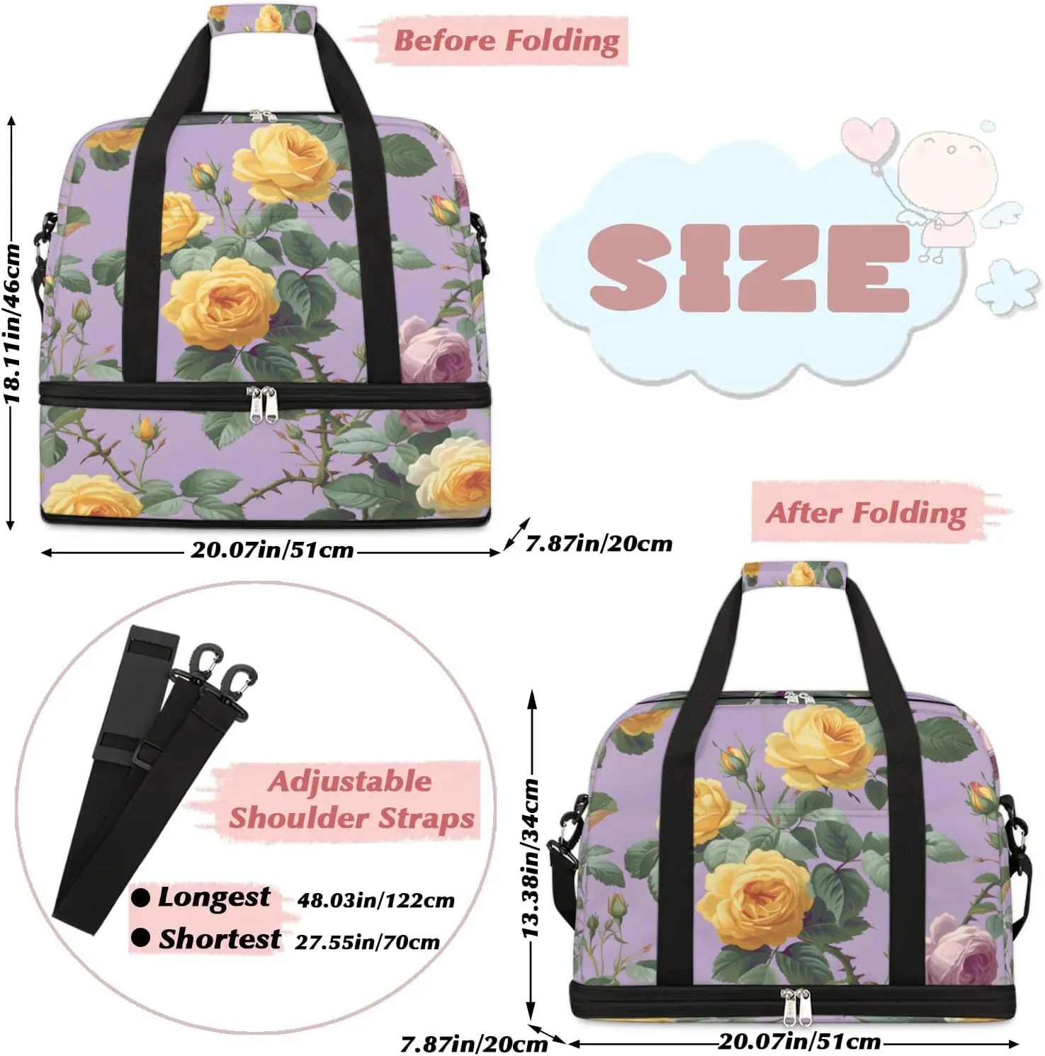 Colorful Flora Beauty Printings Travel Duffle Bag, Collapsible Travel Bag Sports Gym Bag With Shoes Compartment Weekender Bag Overnight Bag For Women Men