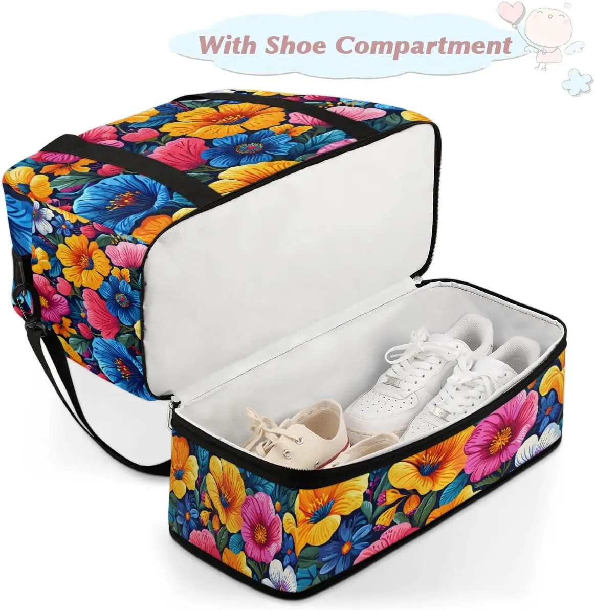 Colorful Flora Fancy Patterns Travel Duffle Bag, Collapsible Travel Bag Sports Gym Bag With Shoes Compartment Weekender Bag Overnight Bag For Women Men