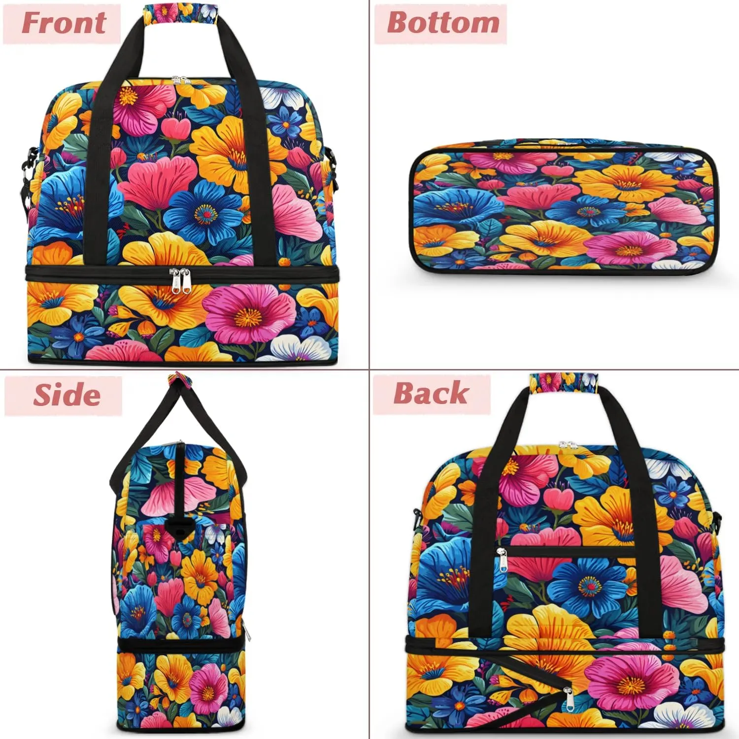 Colorful Flora Fancy Patterns Travel Duffle Bag, Collapsible Travel Bag Sports Gym Bag With Shoes Compartment Weekender Bag Overnight Bag For Women Men