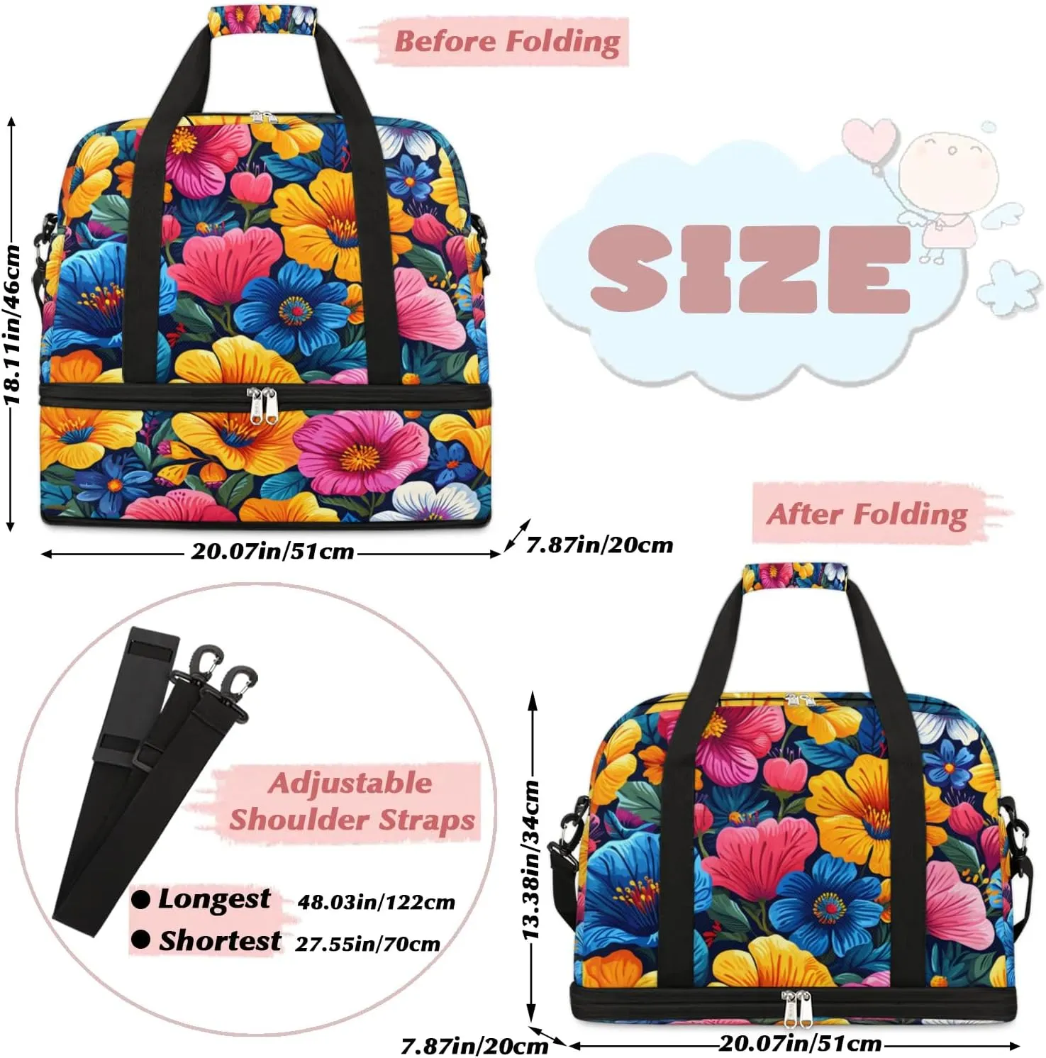 Colorful Flora Fancy Patterns Travel Duffle Bag, Collapsible Travel Bag Sports Gym Bag With Shoes Compartment Weekender Bag Overnight Bag For Women Men