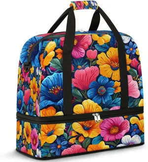 Colorful Flora Fancy Patterns Travel Duffle Bag, Collapsible Travel Bag Sports Gym Bag With Shoes Compartment Weekender Bag Overnight Bag For Women Men