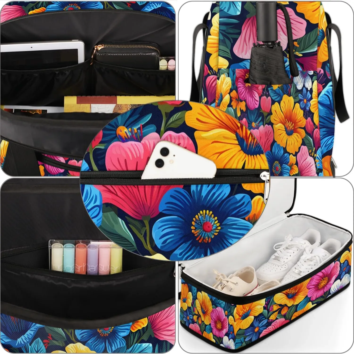Colorful Flora Fancy Patterns Travel Duffle Bag, Collapsible Travel Bag Sports Gym Bag With Shoes Compartment Weekender Bag Overnight Bag For Women Men