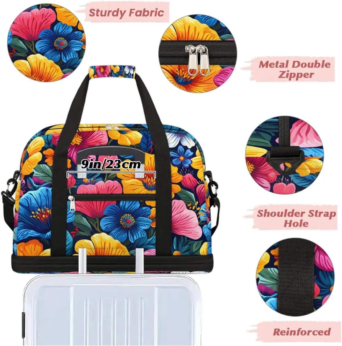 Colorful Flora Fancy Patterns Travel Duffle Bag, Collapsible Travel Bag Sports Gym Bag With Shoes Compartment Weekender Bag Overnight Bag For Women Men