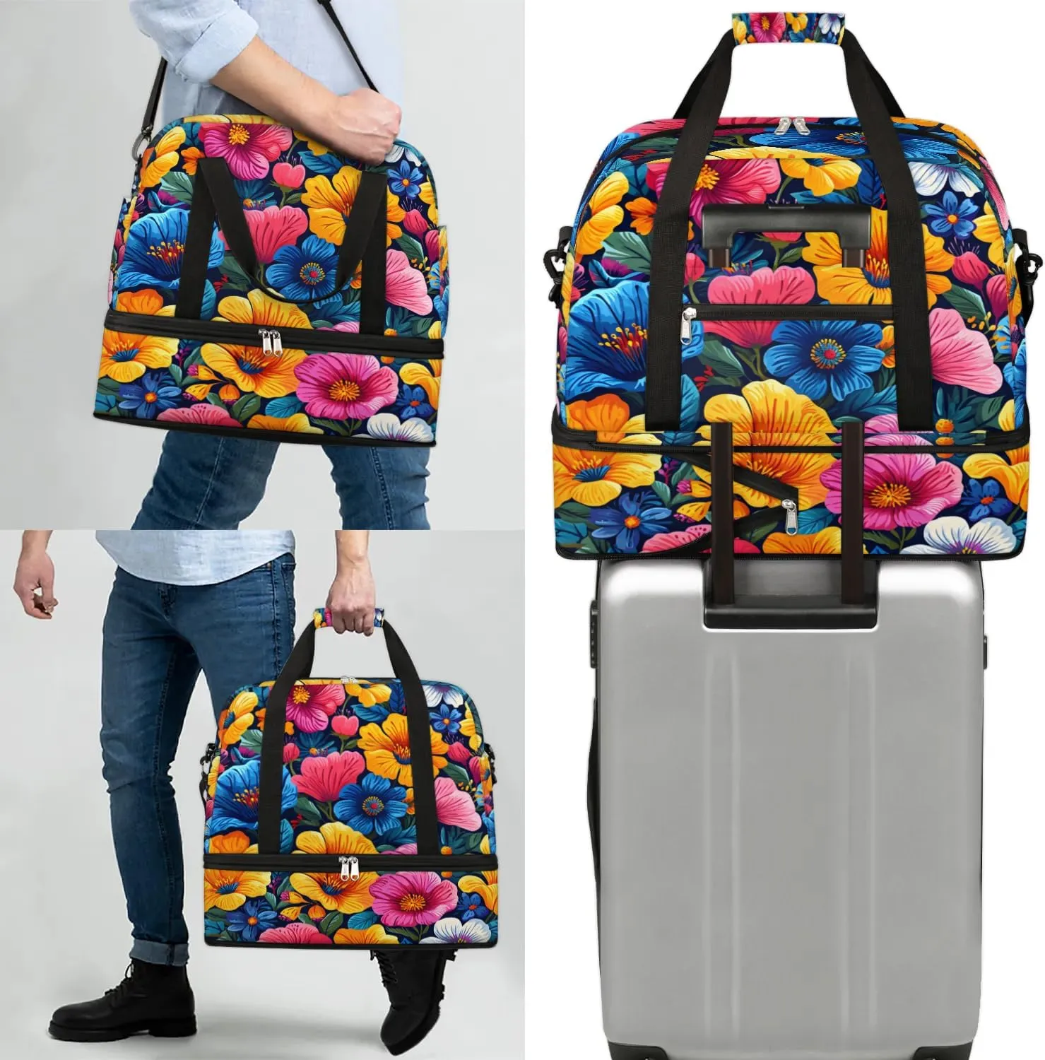 Colorful Flora Fancy Patterns Travel Duffle Bag, Collapsible Travel Bag Sports Gym Bag With Shoes Compartment Weekender Bag Overnight Bag For Women Men