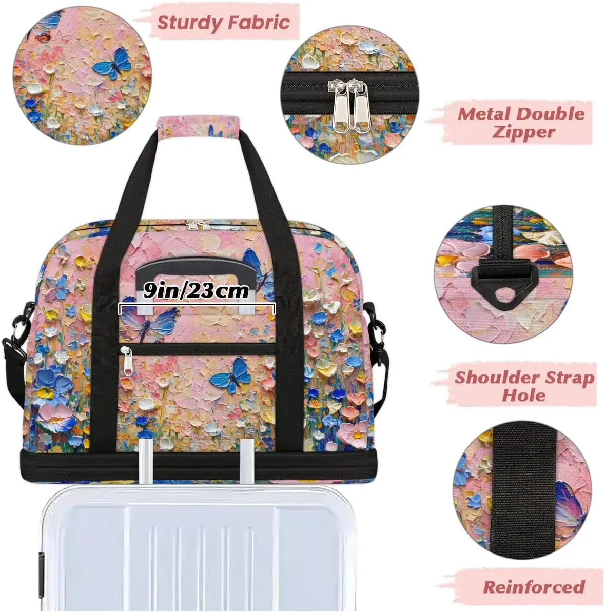 Colorful Flora Patterns Beauty Travel Duffle Bag, Collapsible Travel Bag Sports Gym Bag With Shoes Compartment Weekender Bag Overnight Bag For Women Men
