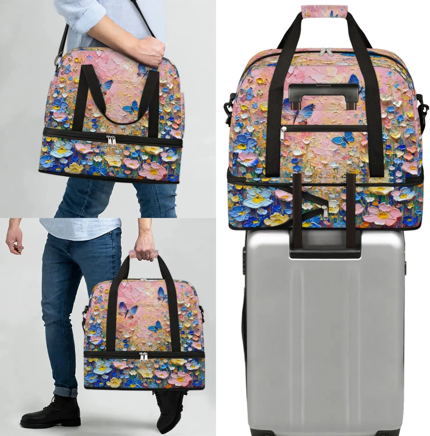 Colorful Flora Patterns Beauty Travel Duffle Bag, Collapsible Travel Bag Sports Gym Bag With Shoes Compartment Weekender Bag Overnight Bag For Women Men