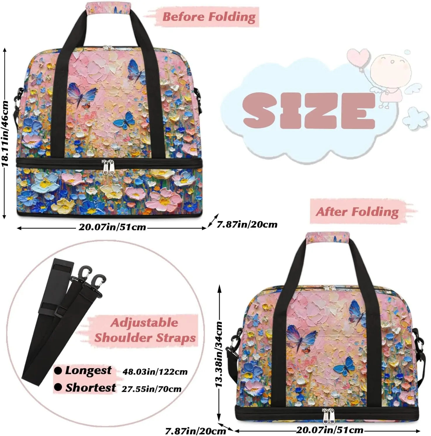 Colorful Flora Patterns Beauty Travel Duffle Bag, Collapsible Travel Bag Sports Gym Bag With Shoes Compartment Weekender Bag Overnight Bag For Women Men
