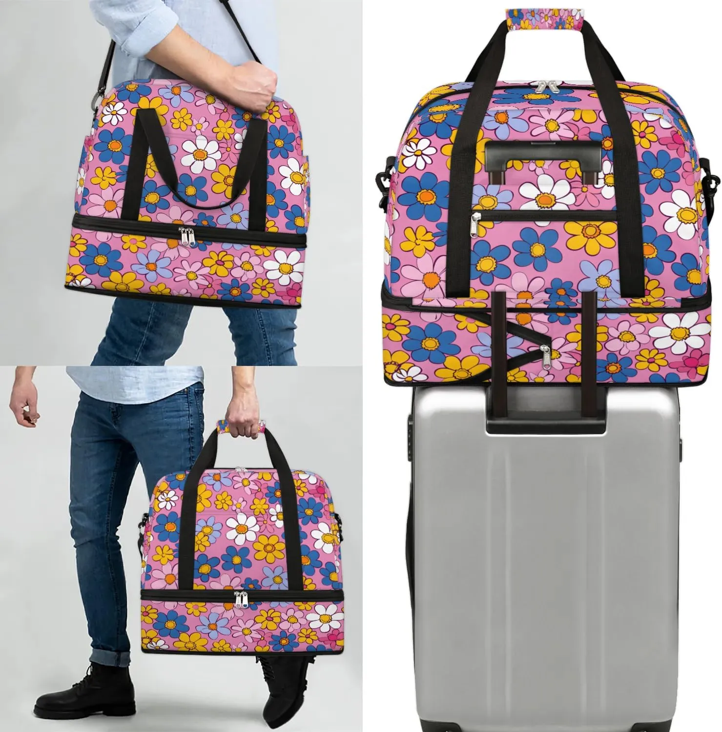 Colorful Flora Patterns Fancy Travel Duffle Bag, Collapsible Travel Bag Sports Gym Bag With Shoes Compartment Weekender Bag Overnight Bag For Women Men