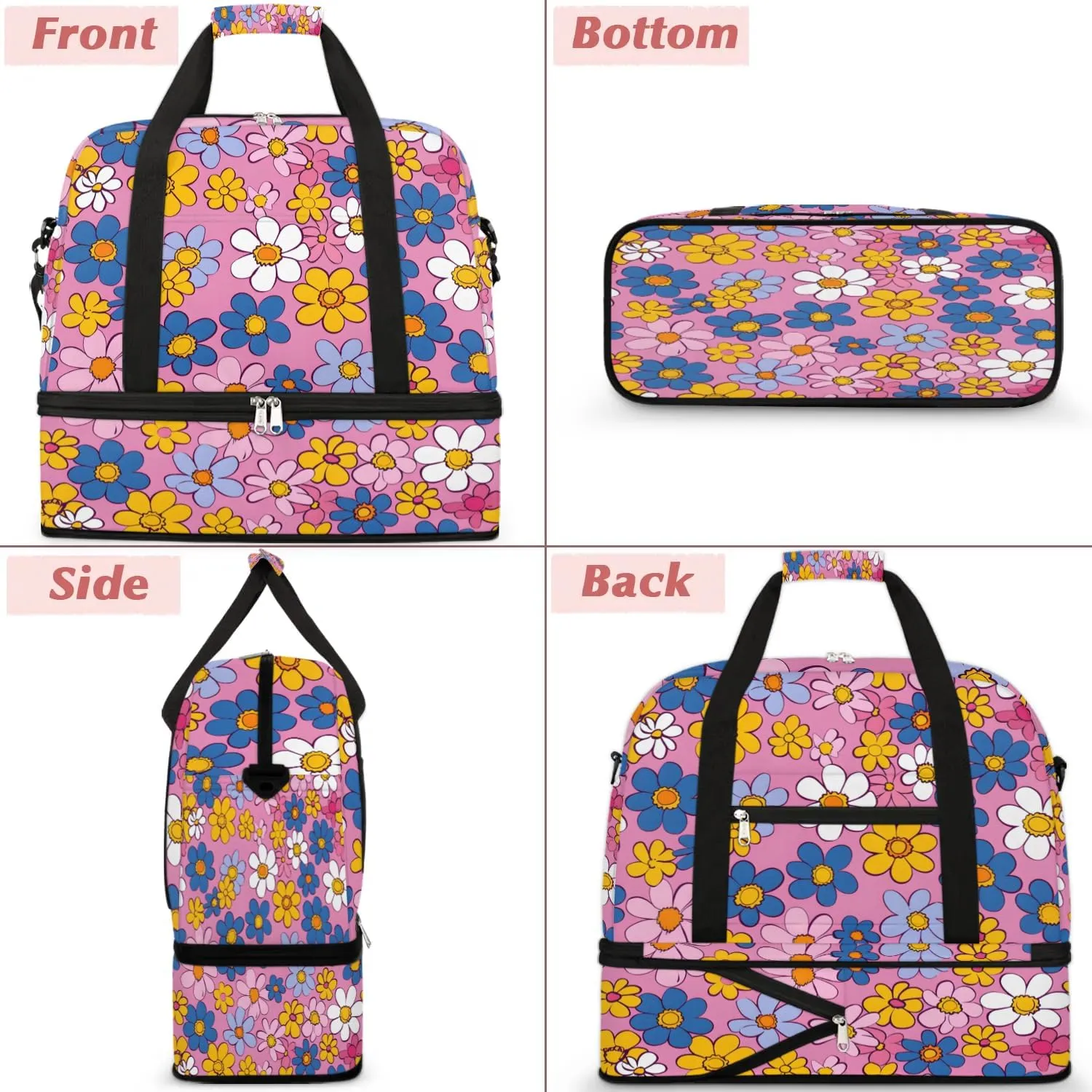 Colorful Flora Patterns Fancy Travel Duffle Bag, Collapsible Travel Bag Sports Gym Bag With Shoes Compartment Weekender Bag Overnight Bag For Women Men