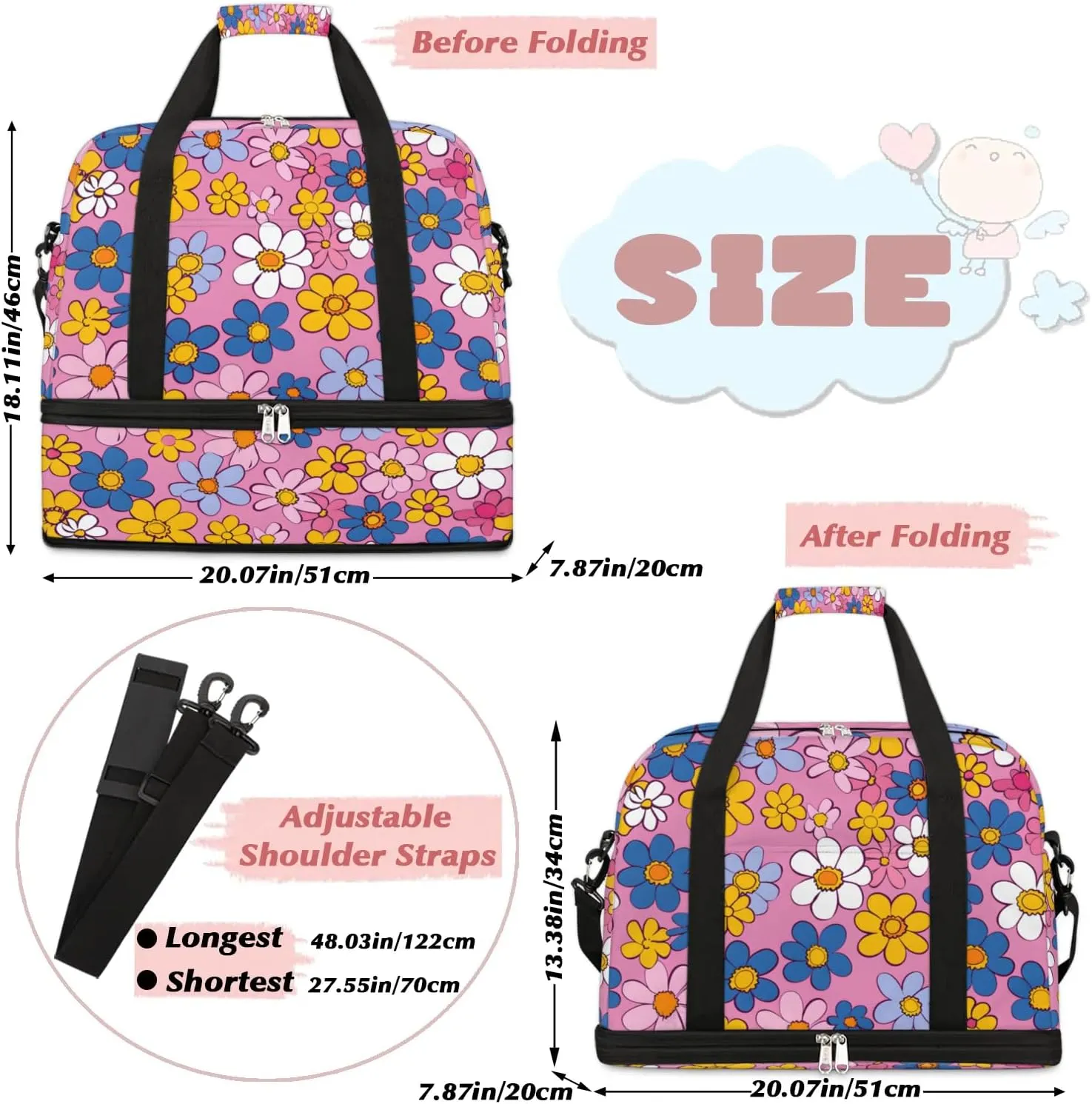 Colorful Flora Patterns Fancy Travel Duffle Bag, Collapsible Travel Bag Sports Gym Bag With Shoes Compartment Weekender Bag Overnight Bag For Women Men