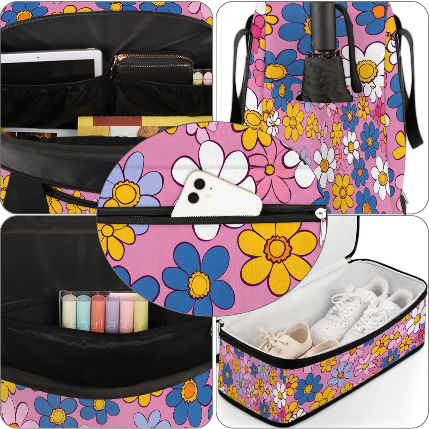 Colorful Flora Patterns Fancy Travel Duffle Bag, Collapsible Travel Bag Sports Gym Bag With Shoes Compartment Weekender Bag Overnight Bag For Women Men