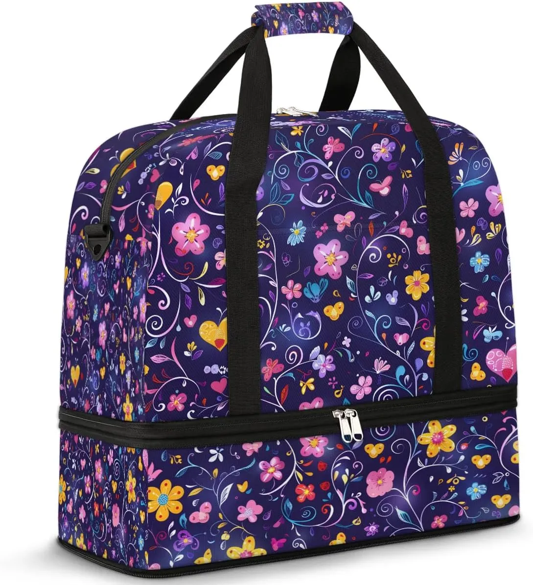 Colorful Flora Print Fancy Travel Duffle Bag, Collapsible Travel Bag Sports Gym Bag With Shoes Compartment Weekender Bag Overnight Bag For Women Men