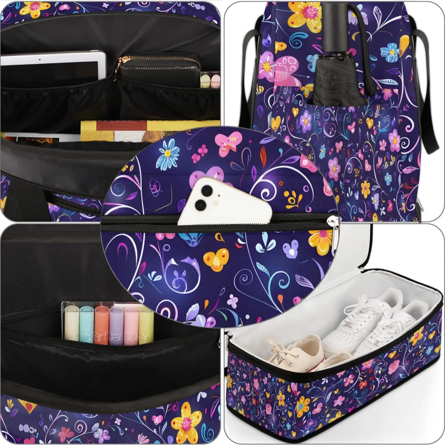 Colorful Flora Print Fancy Travel Duffle Bag, Collapsible Travel Bag Sports Gym Bag With Shoes Compartment Weekender Bag Overnight Bag For Women Men