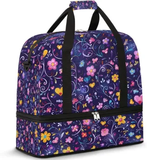Colorful Flora Print Fancy Travel Duffle Bag, Collapsible Travel Bag Sports Gym Bag With Shoes Compartment Weekender Bag Overnight Bag For Women Men