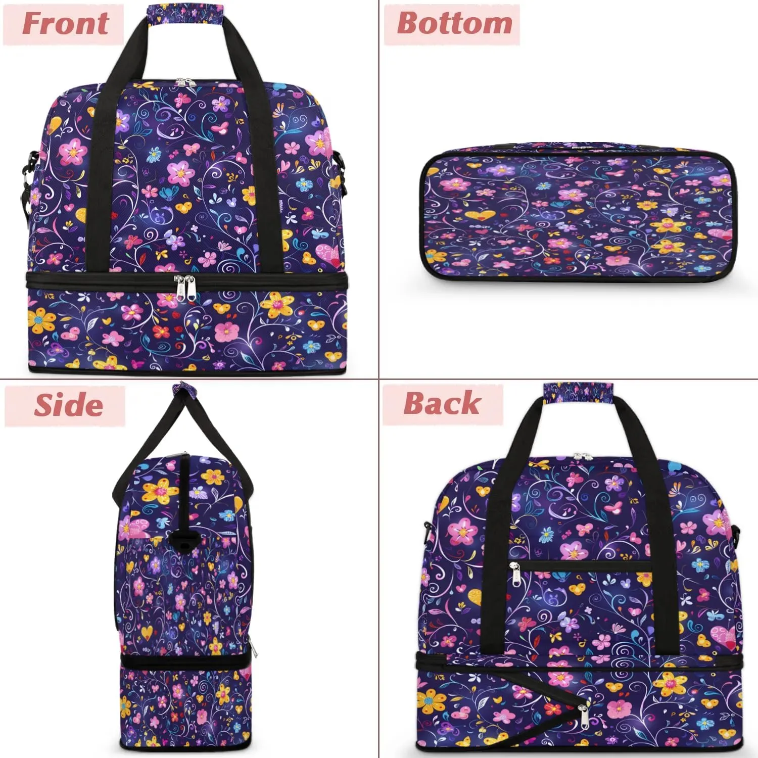 Colorful Flora Print Fancy Travel Duffle Bag, Collapsible Travel Bag Sports Gym Bag With Shoes Compartment Weekender Bag Overnight Bag For Women Men