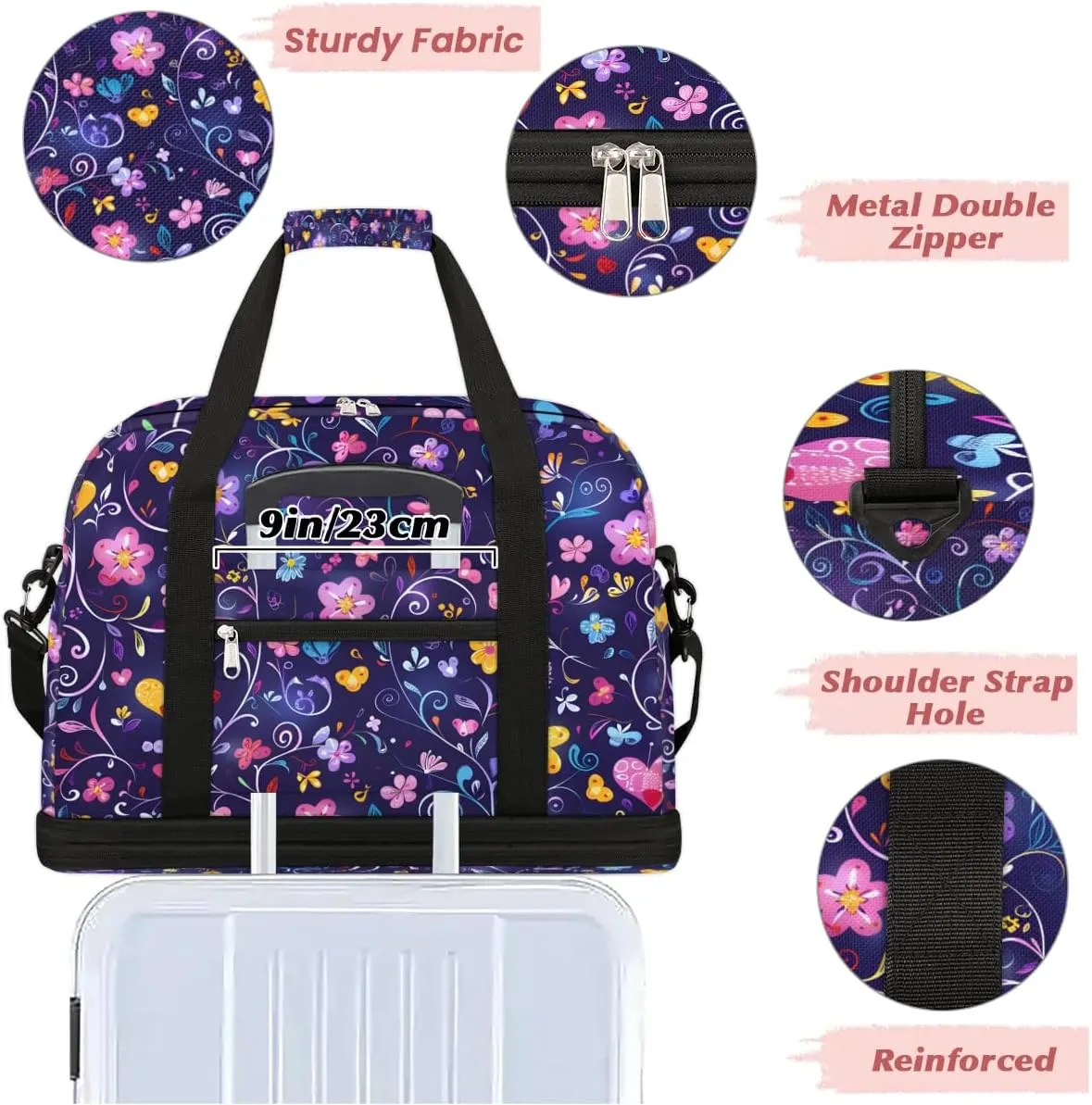 Colorful Flora Print Fancy Travel Duffle Bag, Collapsible Travel Bag Sports Gym Bag With Shoes Compartment Weekender Bag Overnight Bag For Women Men
