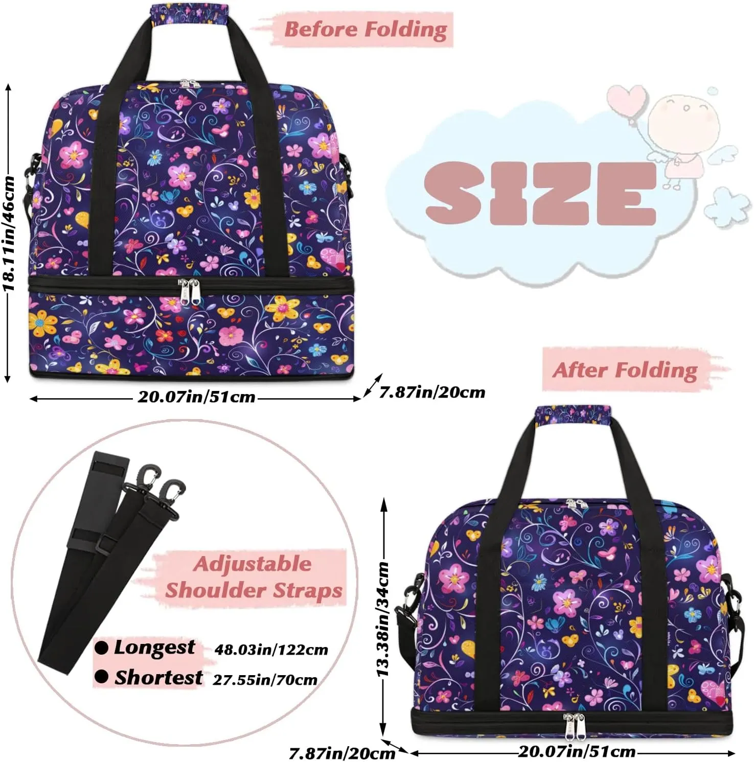 Colorful Flora Print Fancy Travel Duffle Bag, Collapsible Travel Bag Sports Gym Bag With Shoes Compartment Weekender Bag Overnight Bag For Women Men