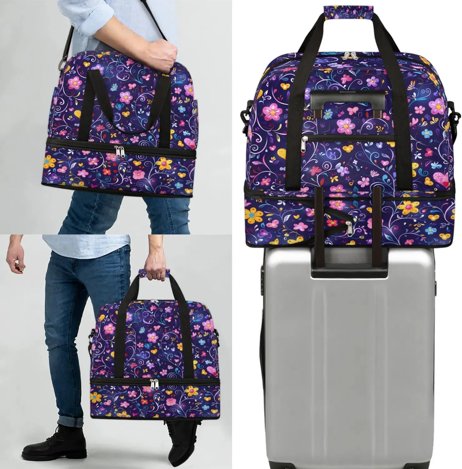 Colorful Flora Print Fancy Travel Duffle Bag, Collapsible Travel Bag Sports Gym Bag With Shoes Compartment Weekender Bag Overnight Bag For Women Men
