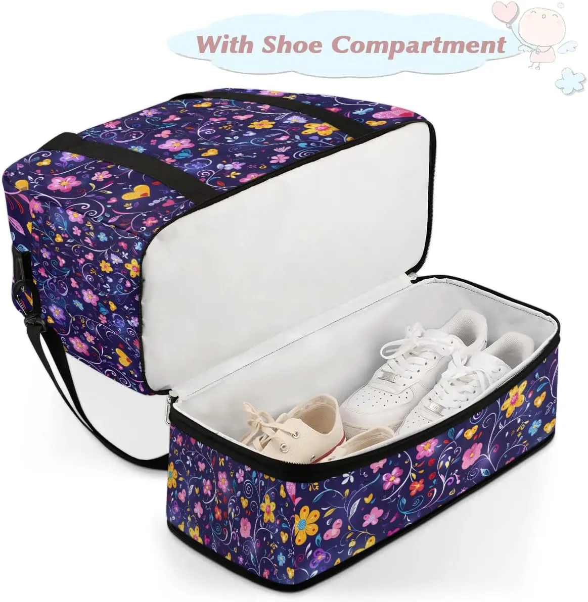 Colorful Flora Print Fancy Travel Duffle Bag, Collapsible Travel Bag Sports Gym Bag With Shoes Compartment Weekender Bag Overnight Bag For Women Men