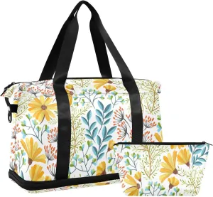 Colorful Floral Flowers Seamless on White Yellow Pattern Gym Duffel Bag, Polyester Travel Weekender Luggage Handbag with Waterproof Pocket for Wet Items, Unisex Foldable Tote for Sports