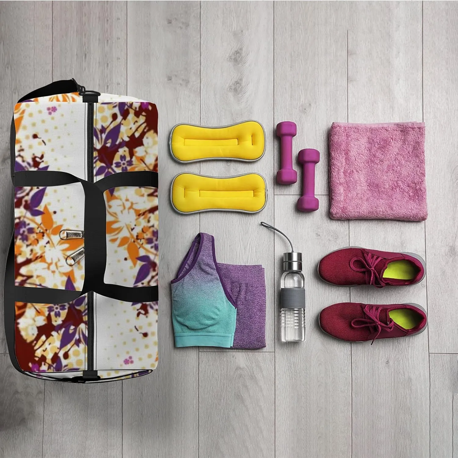 Colorful Flower Background Brown Grunge Illustration Sports Bag Tote Bag Waterproof Gym Bag with Shoulder Strap Zipper 2 Side Pockets for Men and Women, Travel and Storage Shoulder Bag.