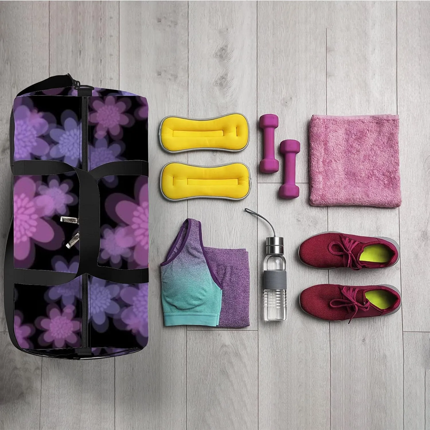 Colorful Flower Patterned Wallpaper Black Background Sports Bag Tote Bag Waterproof Gym Bag with Shoulder Strap Zipper 2 Side Pockets for Men and Women, Travel and Storage Shoulder Bag.