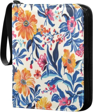 Colorful Flowers Card Binder 4-Pocket, 400 Pockets Trading Cards Holder Games Card Albums Storage Organizer Case for Football, Baseball Cards