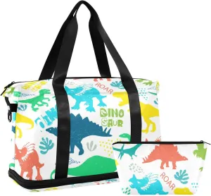 Colorful Forest Dinosaurs on White Gym Duffel Bag, Polyester Travel Weekender Luggage Handbag with Waterproof Pocket for Wet Items, Unisex Foldable Tote for Sports