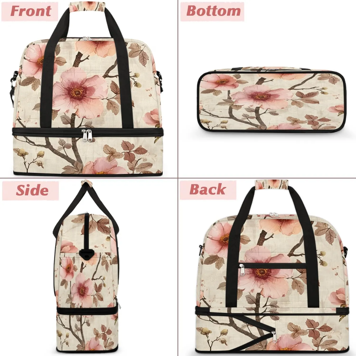Colorful Peach Blossom Patterns Travel Duffle Bag, Collapsible Travel Bag Sports Gym Bag With Shoes Compartment Weekender Bag Overnight Bag For Women Men
