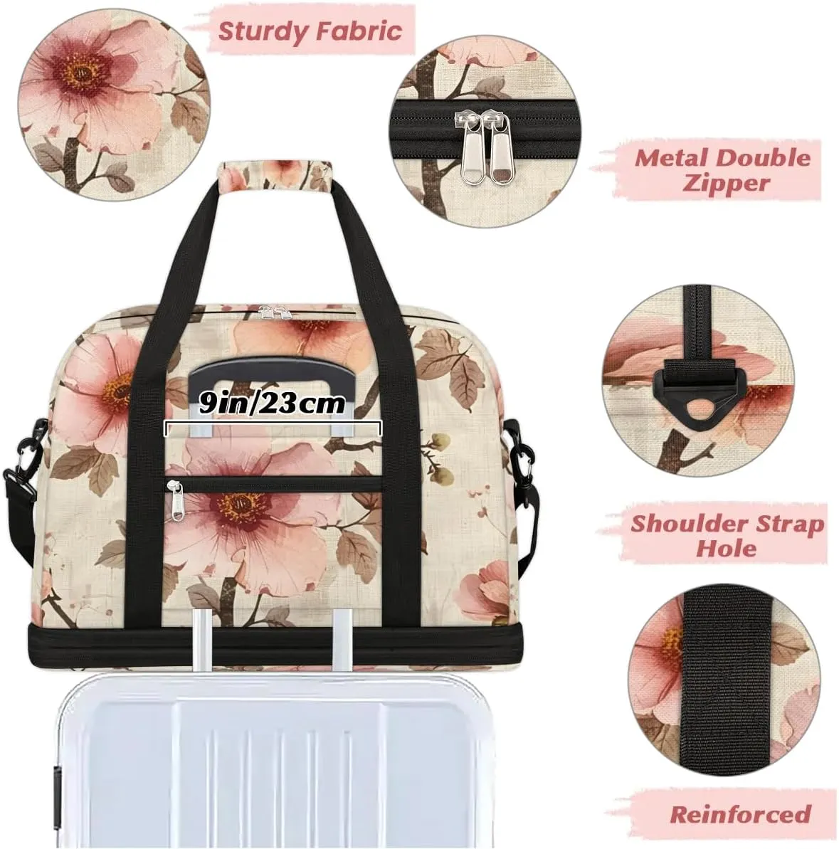 Colorful Peach Blossom Patterns Travel Duffle Bag, Collapsible Travel Bag Sports Gym Bag With Shoes Compartment Weekender Bag Overnight Bag For Women Men