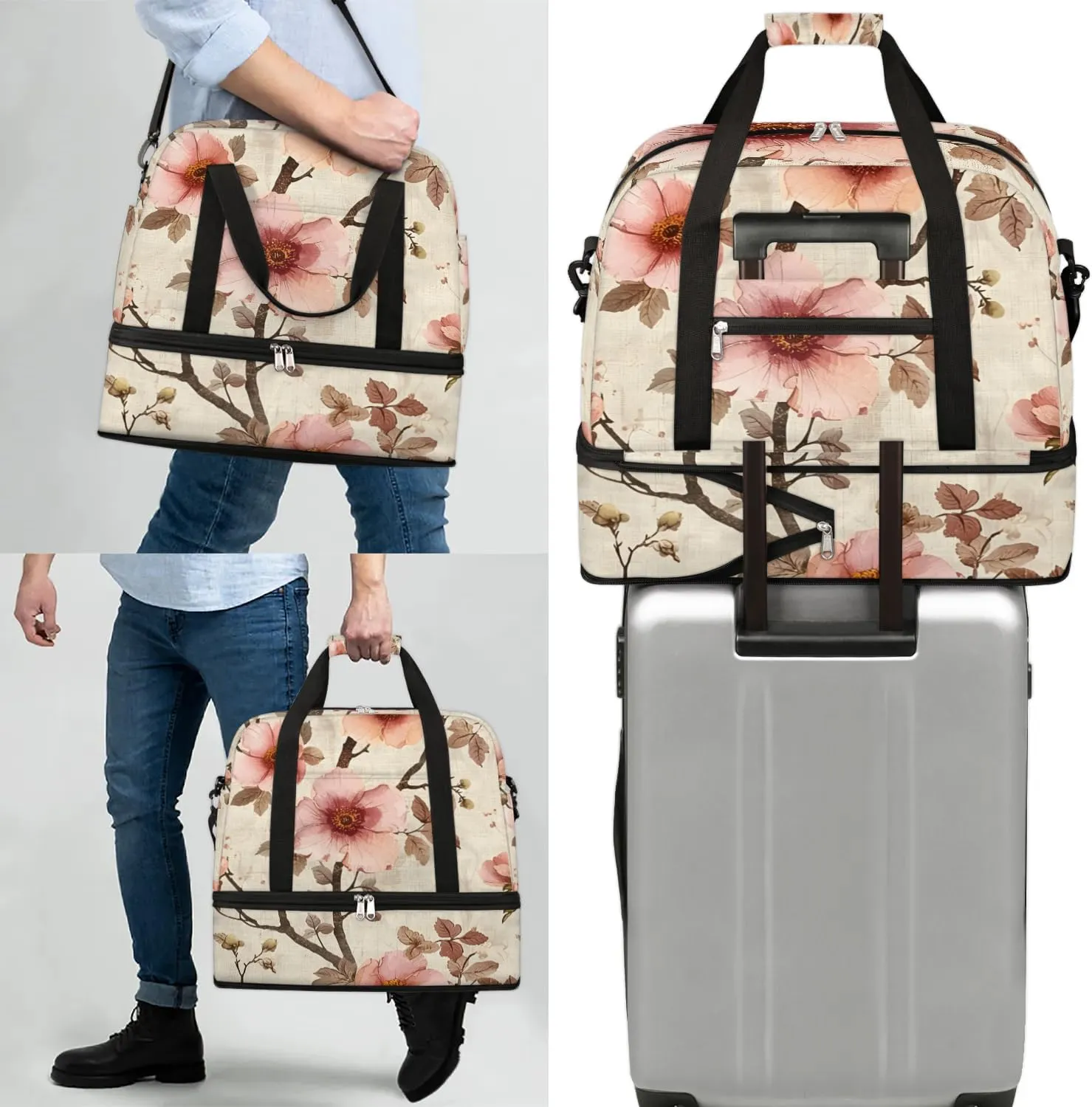 Colorful Peach Blossom Patterns Travel Duffle Bag, Collapsible Travel Bag Sports Gym Bag With Shoes Compartment Weekender Bag Overnight Bag For Women Men