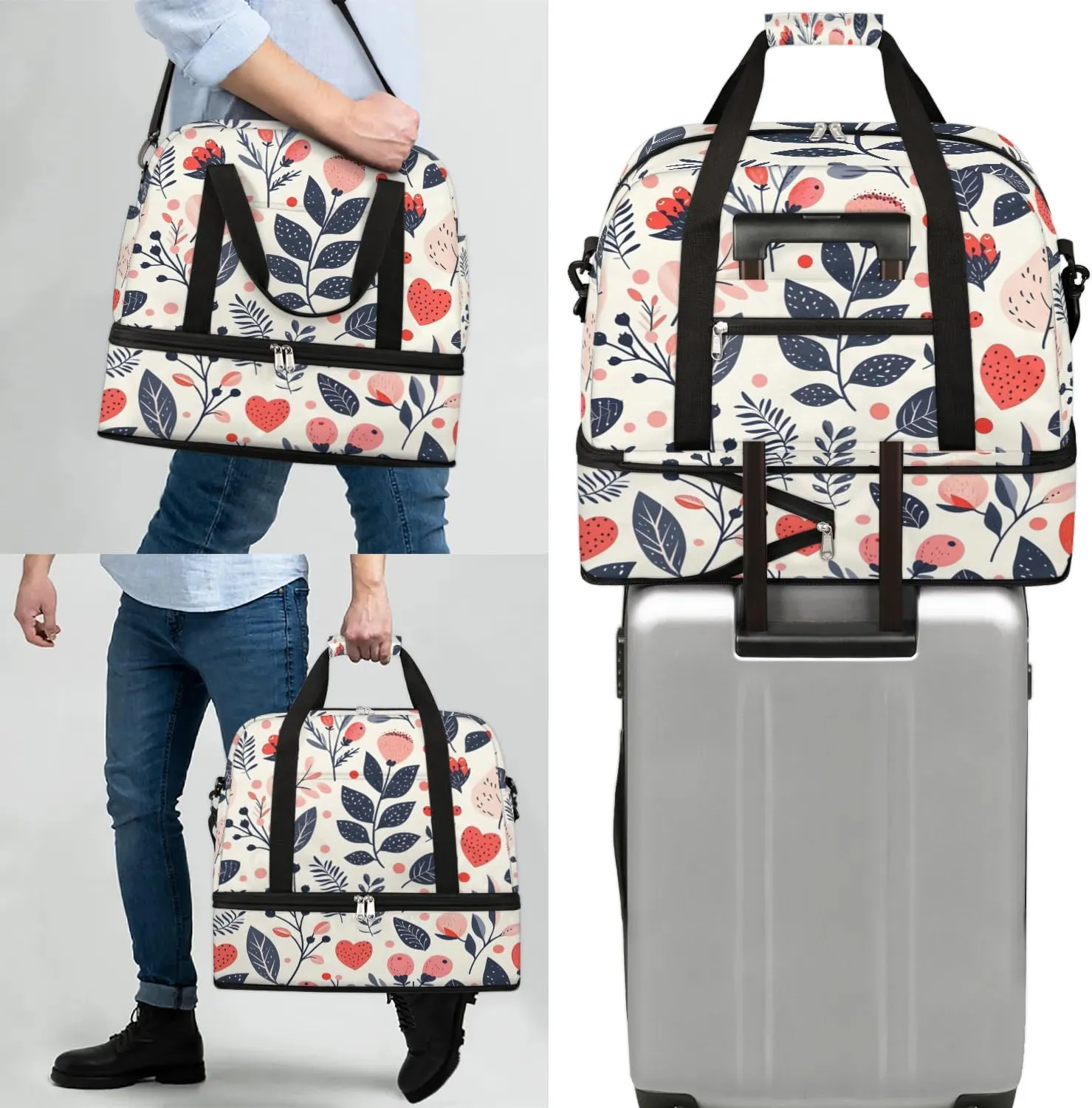 Colorful Print Flora Retro Travel Duffle Bag, Collapsible Travel Bag Sports Gym Bag With Shoes Compartment Weekender Bag Overnight Bag For Women Men