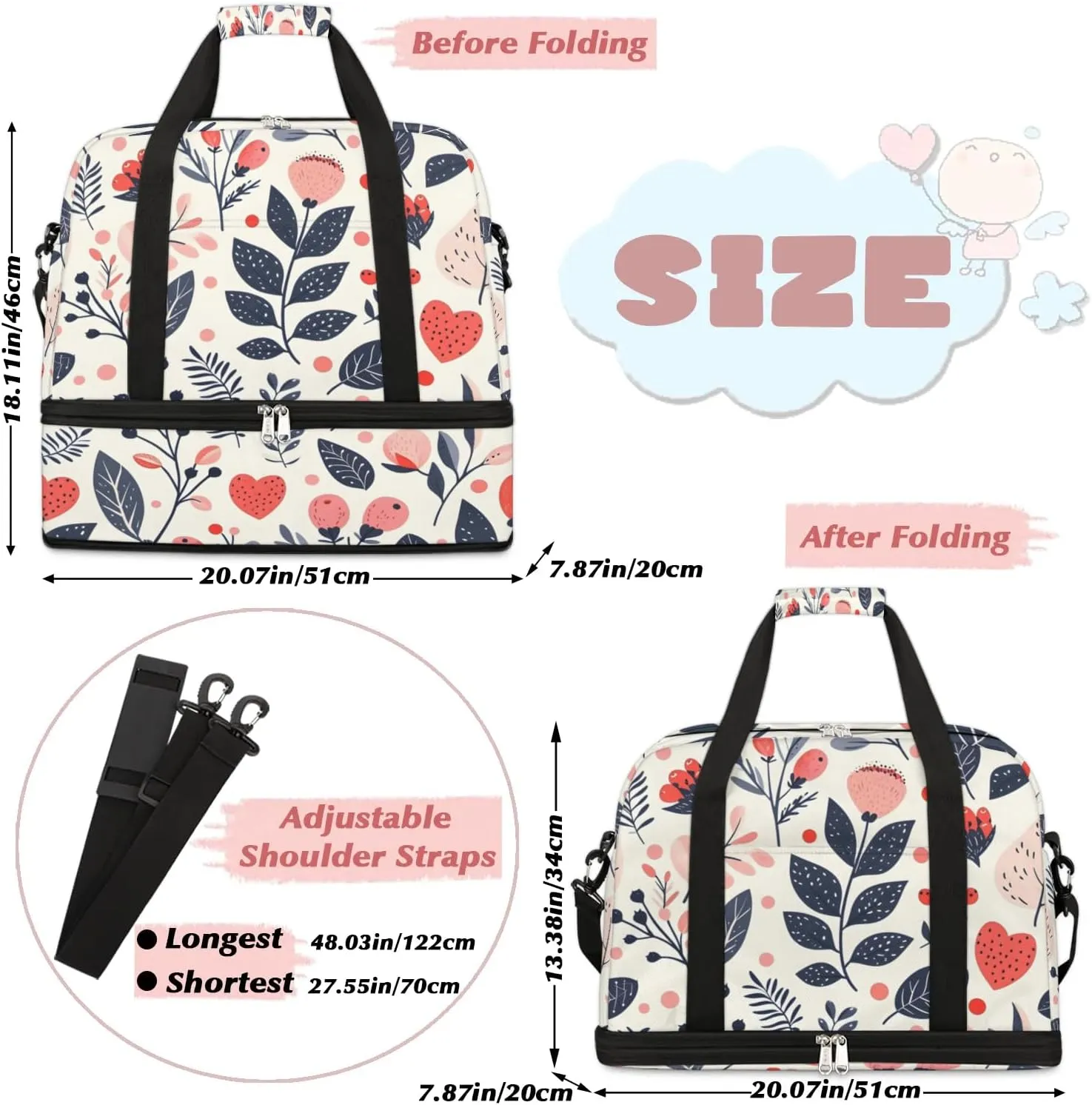 Colorful Print Flora Retro Travel Duffle Bag, Collapsible Travel Bag Sports Gym Bag With Shoes Compartment Weekender Bag Overnight Bag For Women Men