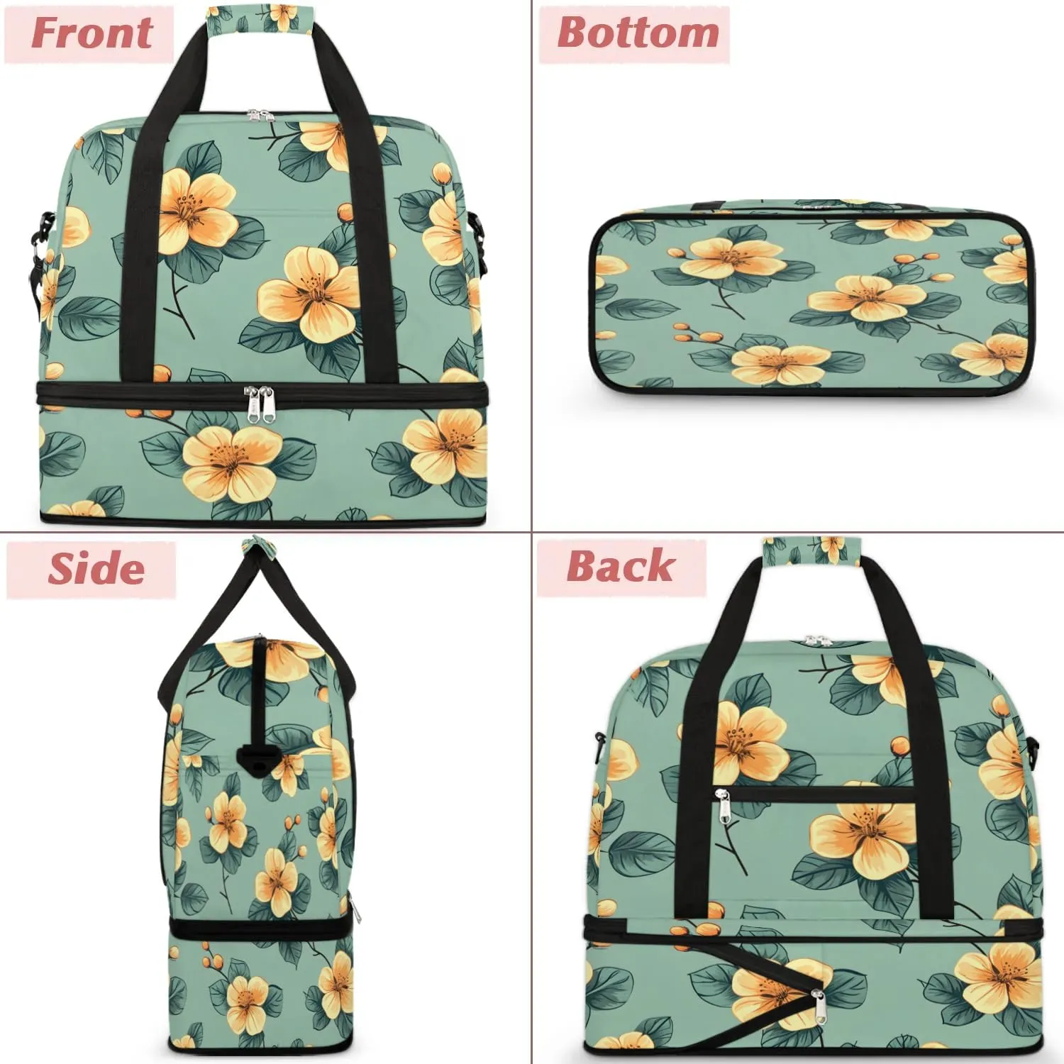 Colorful Retro Flora Pattern Travel Duffle Bag, Collapsible Travel Bag Sports Gym Bag With Shoes Compartment Weekender Bag Overnight Bag For Women Men