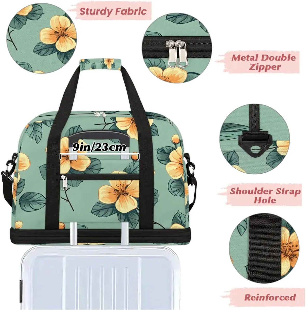 Colorful Retro Flora Pattern Travel Duffle Bag, Collapsible Travel Bag Sports Gym Bag With Shoes Compartment Weekender Bag Overnight Bag For Women Men