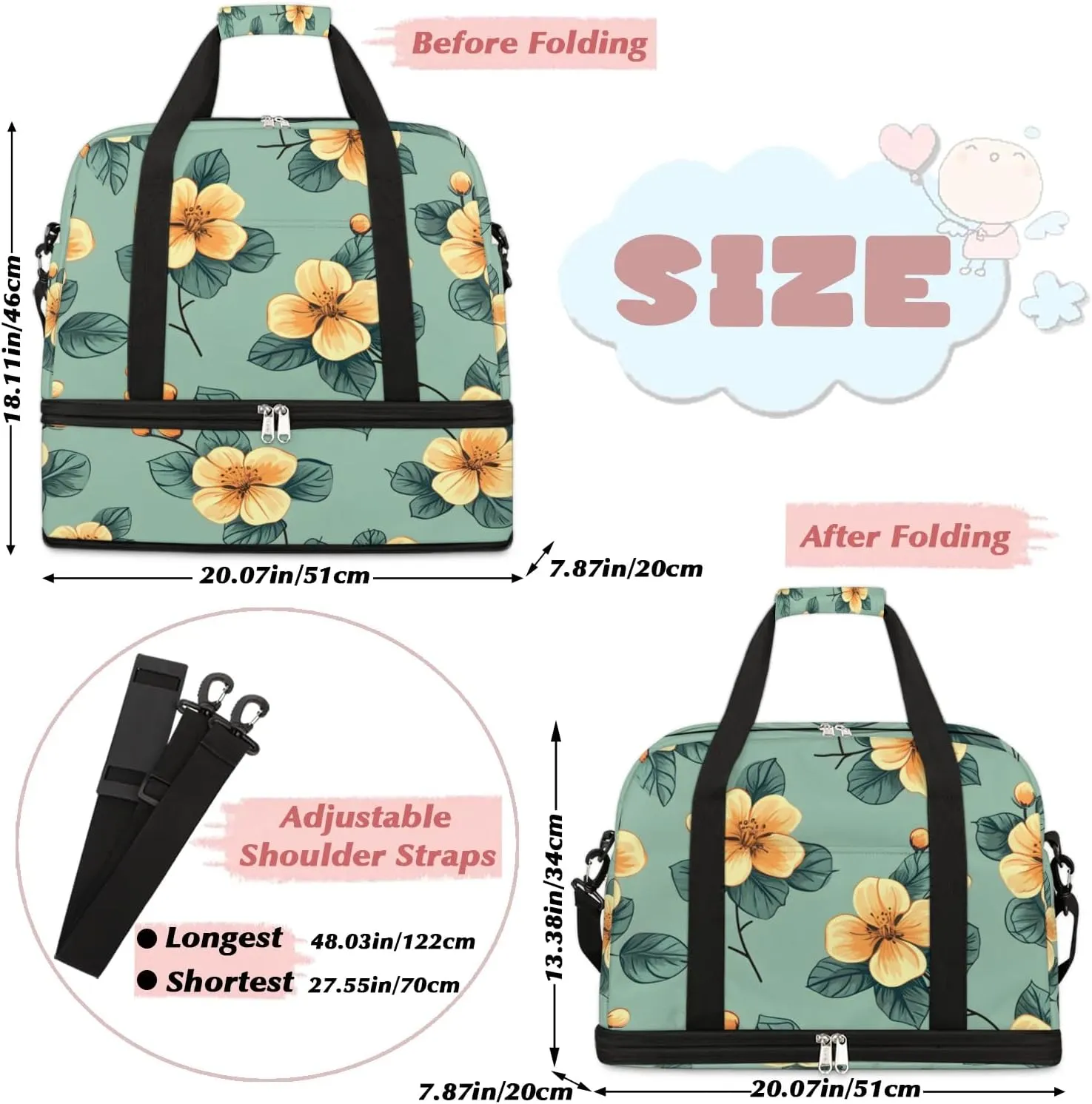 Colorful Retro Flora Pattern Travel Duffle Bag, Collapsible Travel Bag Sports Gym Bag With Shoes Compartment Weekender Bag Overnight Bag For Women Men