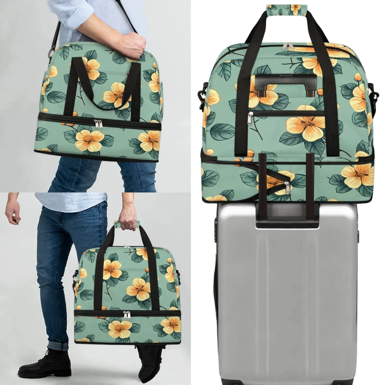 Colorful Retro Flora Pattern Travel Duffle Bag, Collapsible Travel Bag Sports Gym Bag With Shoes Compartment Weekender Bag Overnight Bag For Women Men