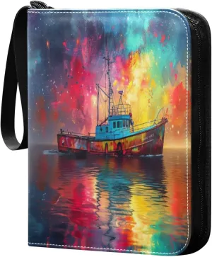 Colorful Ship Painting Card Binder 4-Pocket, 400 Pockets Trading Cards Holder Games Card Albums Storage Organizer Case for Football, Baseball Cards