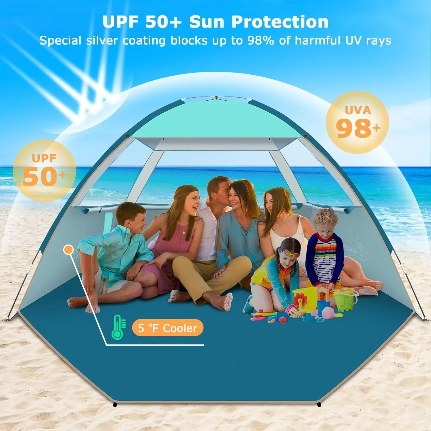 COMMOUDS Beach Tent Sun Shade for 3/4-5/6-7/8-10 Person, UPF 50  Beach Sun Shelter Canopy Tent, Lightweight, Easy Set Up and Carry