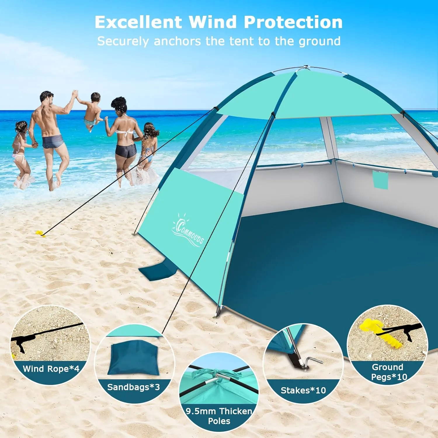 COMMOUDS Beach Tent Sun Shade for 3/4-5/6-7/8-10 Person, UPF 50  Beach Sun Shelter Canopy Tent, Lightweight, Easy Set Up and Carry