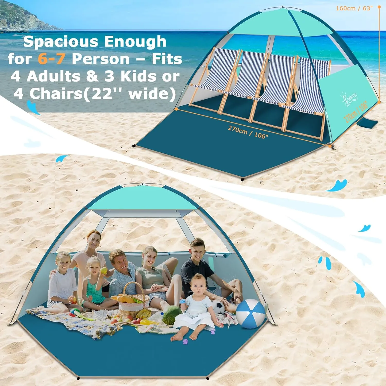COMMOUDS Beach Tent Sun Shade for 3/4-5/6-7/8-10 Person, UPF 50  Beach Sun Shelter Canopy Tent, Lightweight, Easy Set Up and Carry