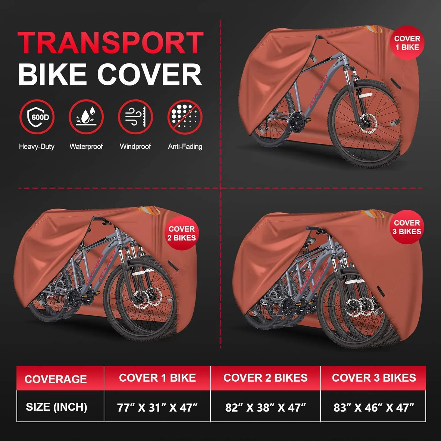 Comnova Bike Cover for Transport 1 Bike - Outdoor Bike Covers for 1 Bikes on Rear Bike Rack Transport Waterproof & Heavy Duty, 600D Bicycle Rack Covers for Single Bike on Car Hitch Travel Storage