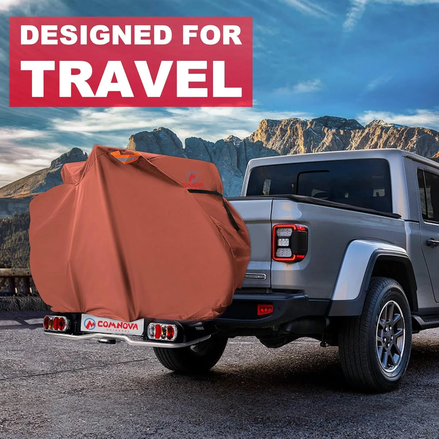 Comnova Bike Cover for Transport 1 Bike - Outdoor Bike Covers for 1 Bikes on Rear Bike Rack Transport Waterproof & Heavy Duty, 600D Bicycle Rack Covers for Single Bike on Car Hitch Travel Storage