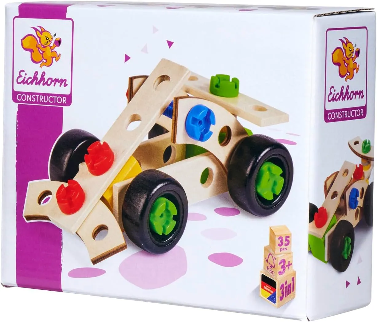 Constructor Racing Car, Versatile Wooden Toy, 35 Pieces, 3 Different Constructions, 100% FSC Certified Beech Wood, from 3 Years