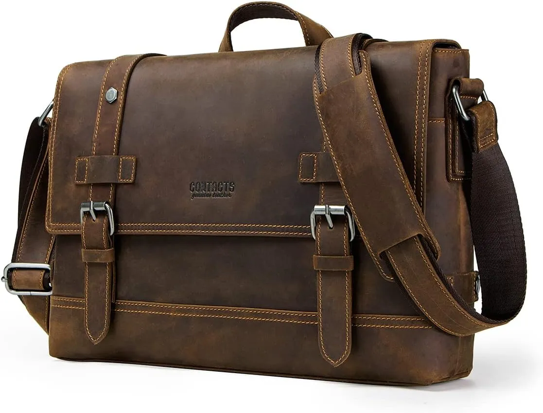 Contacts Crazy Horse Leather Messenger Bag for Men 12 Inch Laptop Briefcase Computer Shoulder Bag Travel Business (Brown)