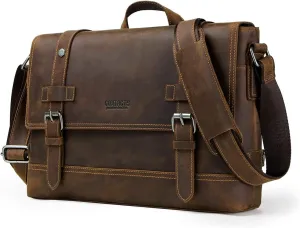 Contacts Crazy Horse Leather Messenger Bag for Men 12 Inch Laptop Briefcase Computer Shoulder Bag Travel Business (Brown)