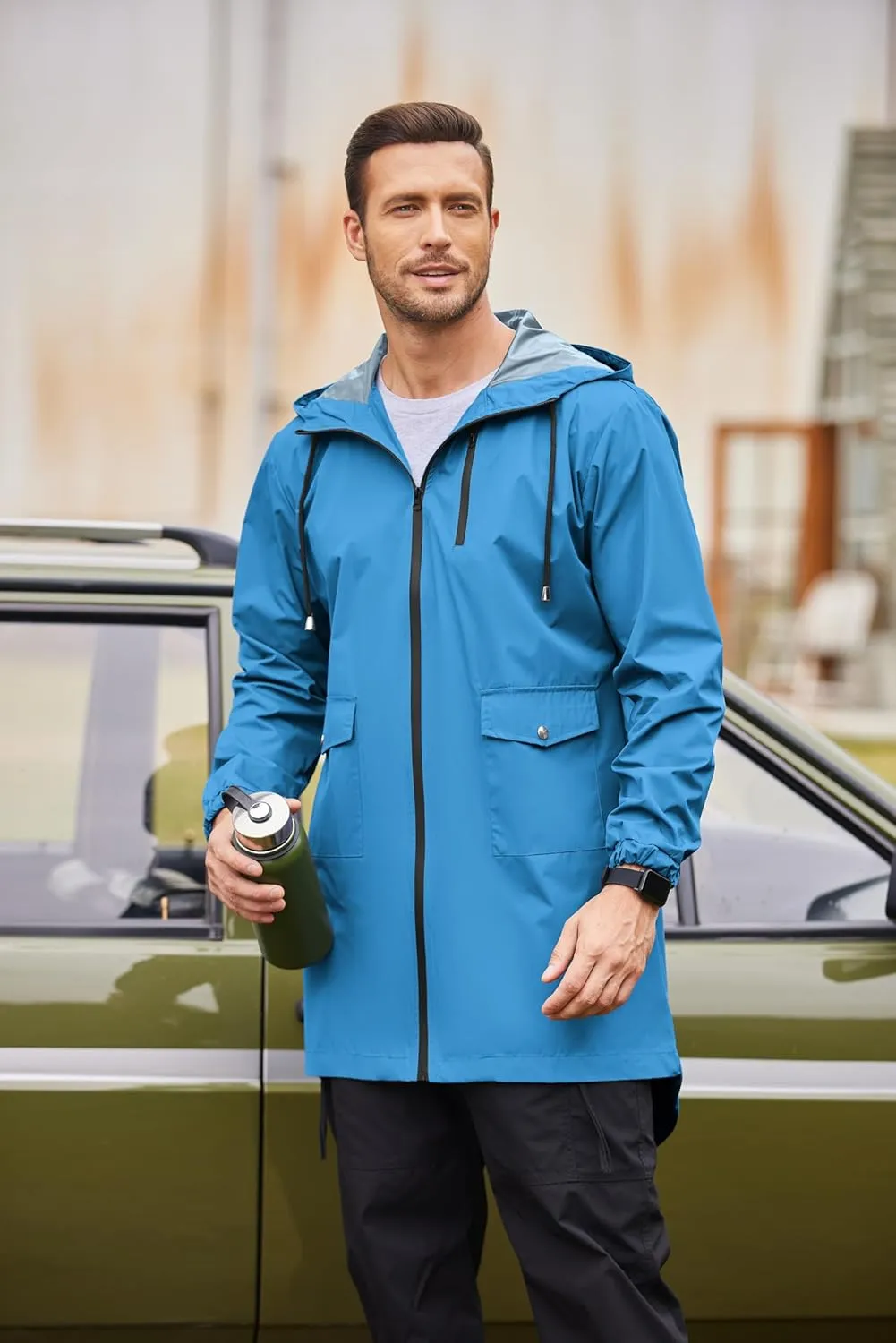 COOFANDY Men's Long Raincoat Ligtweight Rain Jacket Waterproof Outdoor Jackets with Hood