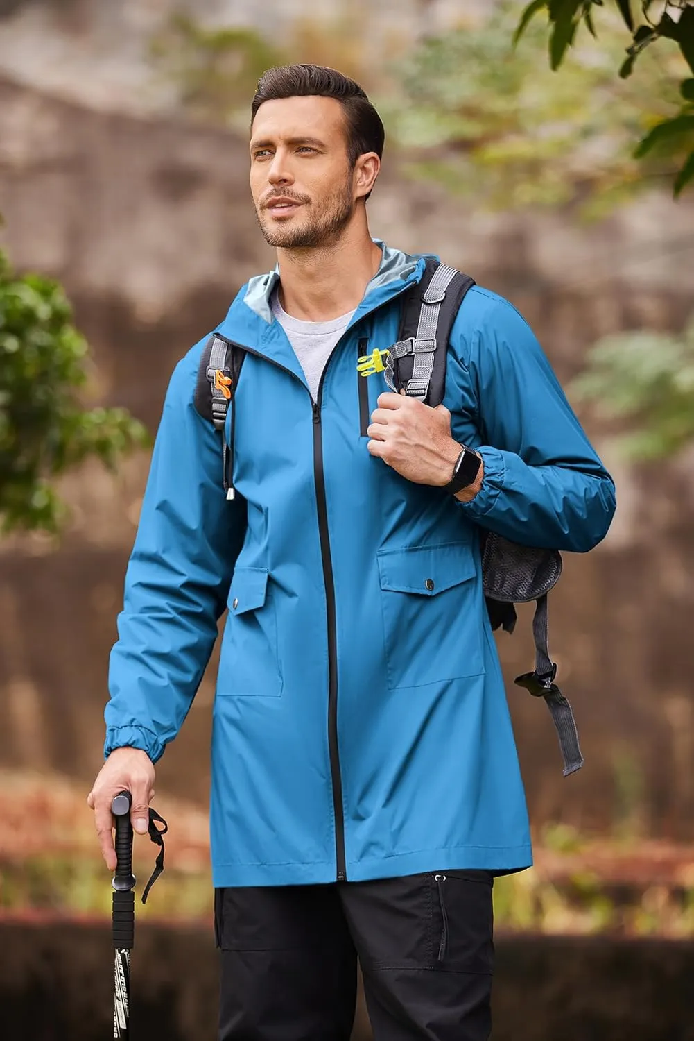 COOFANDY Men's Long Raincoat Ligtweight Rain Jacket Waterproof Outdoor Jackets with Hood