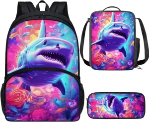 Cool Floral Shark Print Large Backpack for Kids Boys Girls Schoolbag with Lunch Bag Pencil Bag, Student Personalized Laptop Pad Tablet Travel School Bag with Multiple Pockets